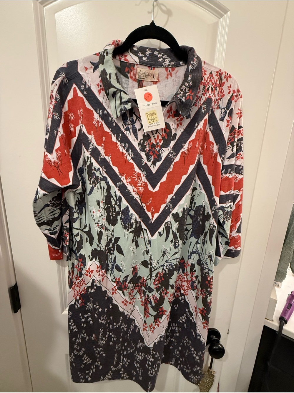Atelier Sona Floral Chevron Long Sleeve Dress in Red, Navy & Mint - Picture 2 of 5